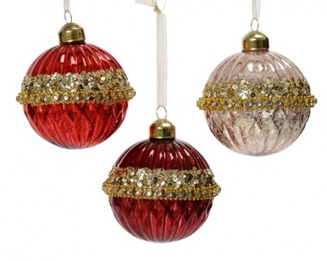 Bauble glass shiny - enamel color w glitter, diamond, sequins in the middle part 3ass