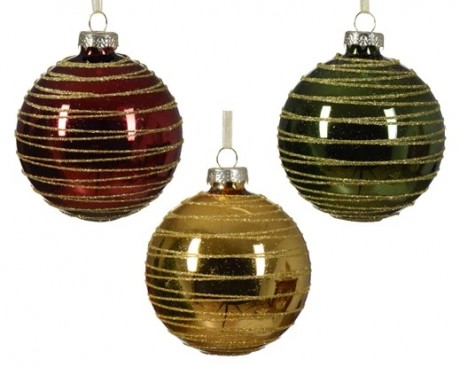 Bauble glass shiny w gold glitter swirl 3col ass